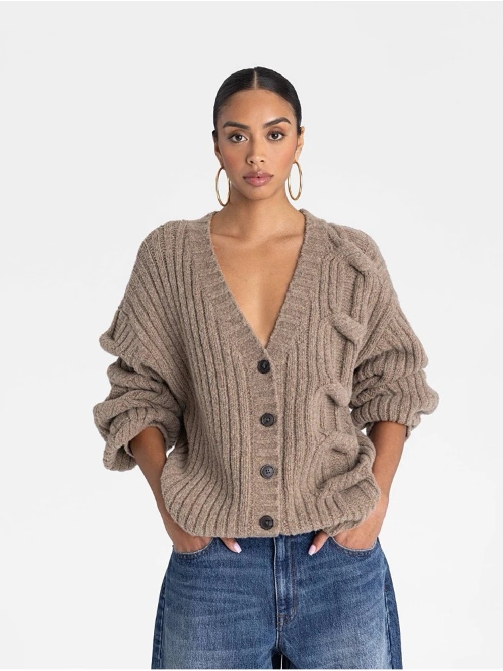 Chunky Rib & Cable Button-Front Cardigan — Taupe b241